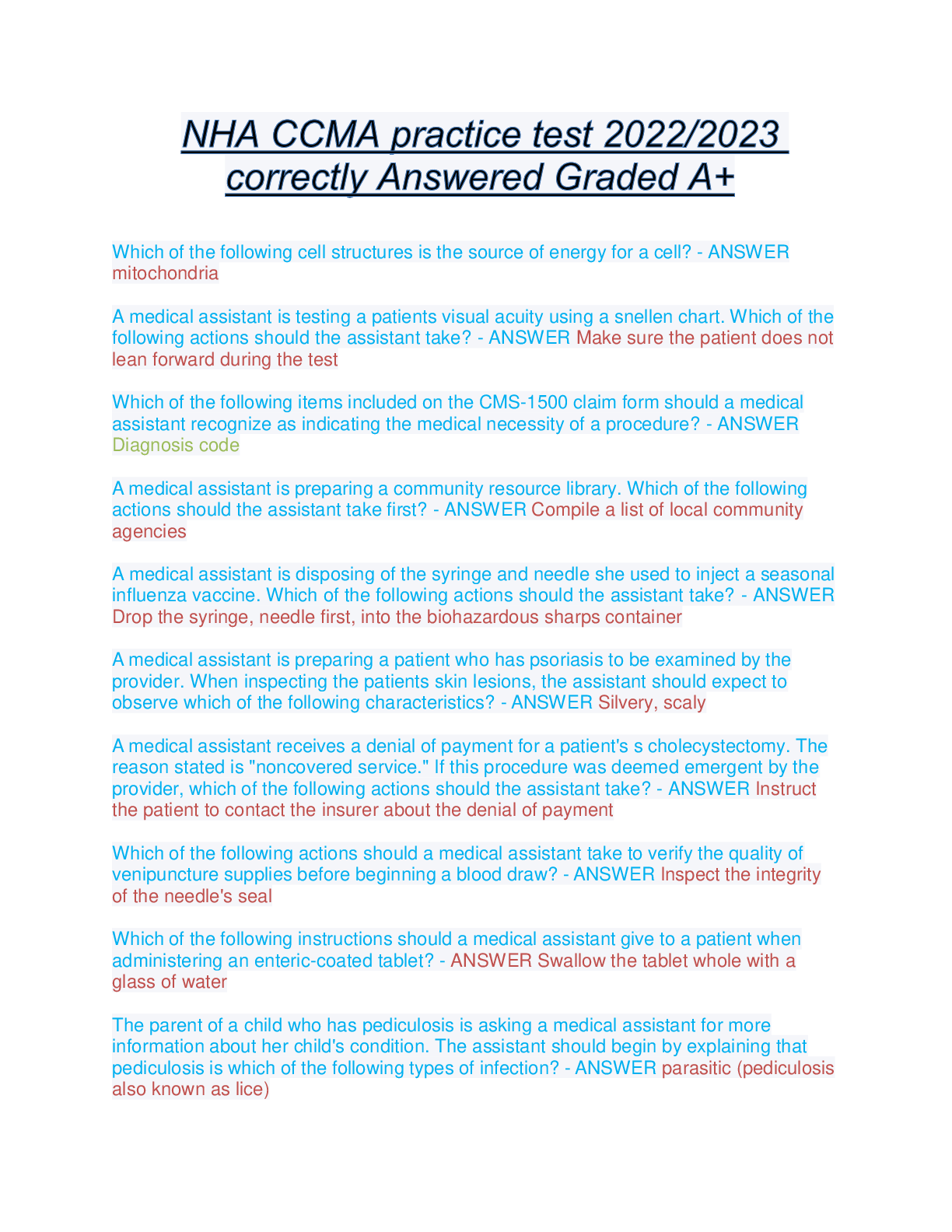 Preview image for NHA CCMA practice test 2022 Graded A